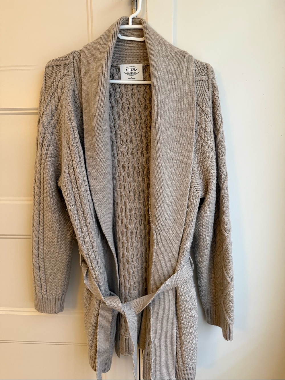 Aritzia Beige Cable-Knit Shawl-Collar Belted Cardigan